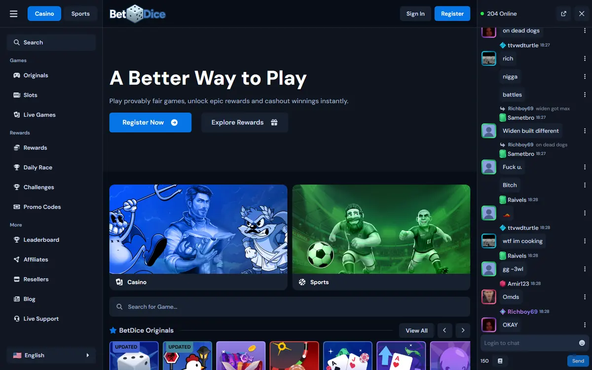 The BetDice homepage: its games, chat panel and layout