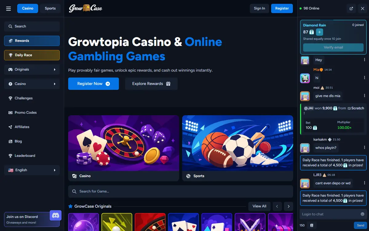 The GrowCase homepage: its games, chat panel and layout